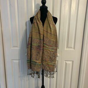 Pashmina silk scarf neutral paisley fringe